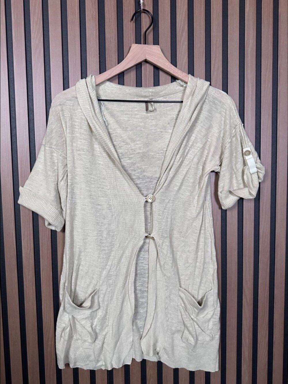 Free People Sweater Medium Linen Blend Button Up Roll Tab Hooded Cardigan